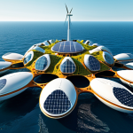A futuristic floating city with innovative modular architecture and organic shapes, seamlessly blending with the ocean. The city utilizes renewable energy sources like solar panels and offshore wind turbines, promoting sustainability and harmony with the marine environment.