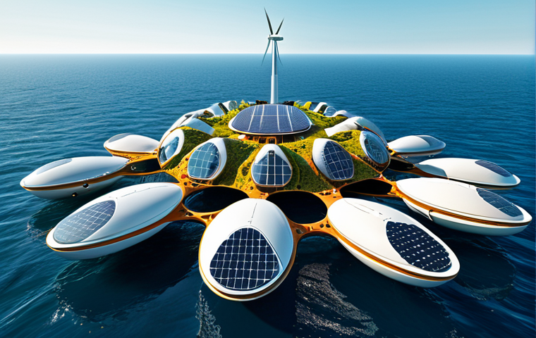 A futuristic floating city with innovative modular architecture and organic shapes, seamlessly blending with the ocean. The city utilizes renewable energy sources like solar panels and offshore wind turbines, promoting sustainability and harmony with the marine environment.