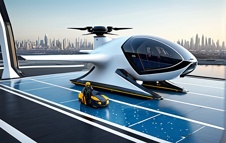 **

A futuristic vertiport in a floating city, showcasing a sleek drone taxi preparing for takeoff. The scene emphasizes safety checks with personnel meticulously inspecting the aircraft, ensuring passenger security before boarding. The overall atmosphere is one of technological advancement and rigorous safety protocols.

**